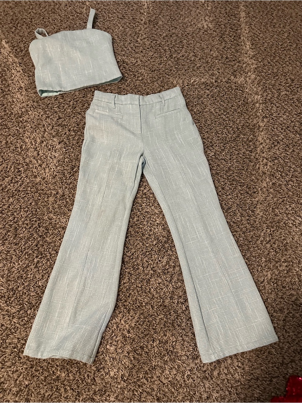 Kids Light Blue Textured Matching Set - Crop Tank & Flare Pants